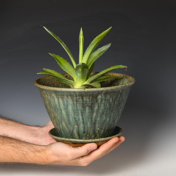 Ceramic Planter with Drainage Holes | Stoneware Plant Pot | Green Glaze #27