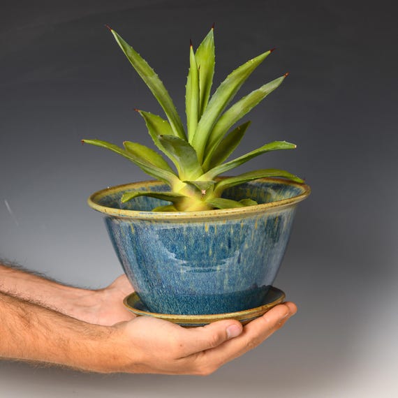 Wheel Thrown Planter with Drainage Holes | Stoneware Plant Pot | Blue Glaze #47