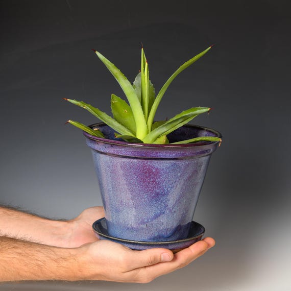 Wheel Thrown Planter with Drainage Holes | Stoneware Plant Pot | Purple Glaze #32