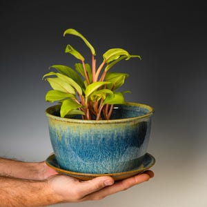 Pottery Planter with Drainage Holes in Blue & White Glaze, Wheel Thrown Flower Pot, Stoneware Plant Pot #552