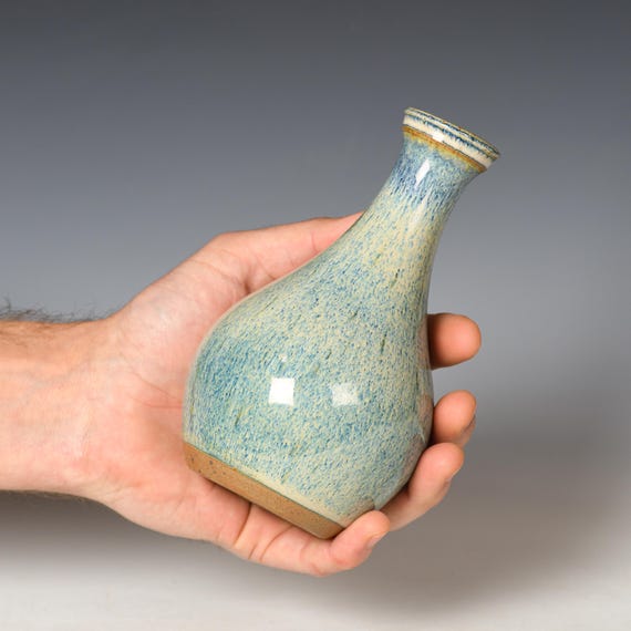 Small Wheel Thrown Flower Bud Vase | Blue & White Glaze #3