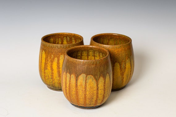 Stemless Wine Glass in Yellow Ash Glaze, Ceramic Whiskey Goblet, Handmade Stoneware Pottery Tableware