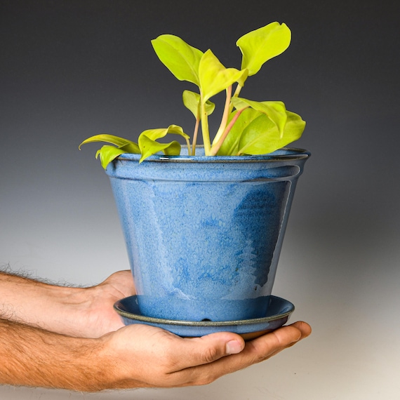 Wheel Thrown Planter with Drainage Holes in Blue Glaze, Stoneware Plant Pot #664