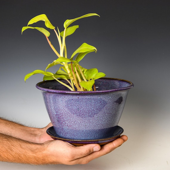Wheel Thrown Planter with Drainage Holes in Purple Glaze, Stoneware Plant Pot #650