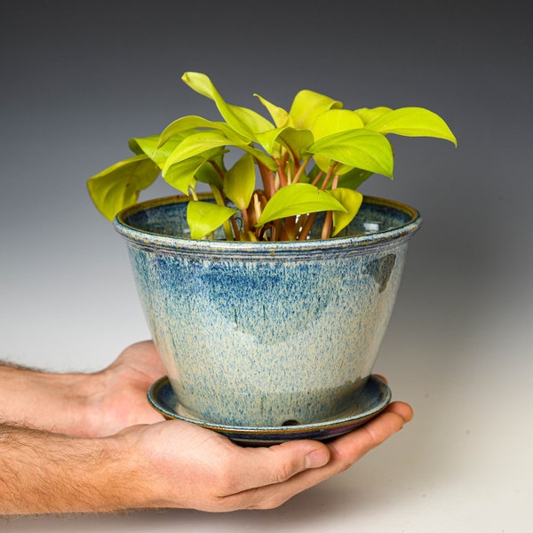 Pottery Planter with Drainage Holes in Blue & White Glaze, Wheel Thrown Flower Pot, Stoneware Plant Pot #157