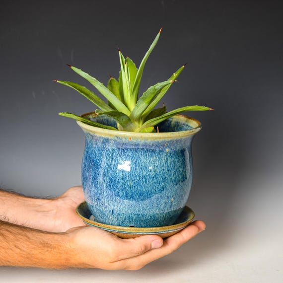 Ceramic Planter with Drainage Holes in Blue Glaze, Stoneware Plant Pot #717