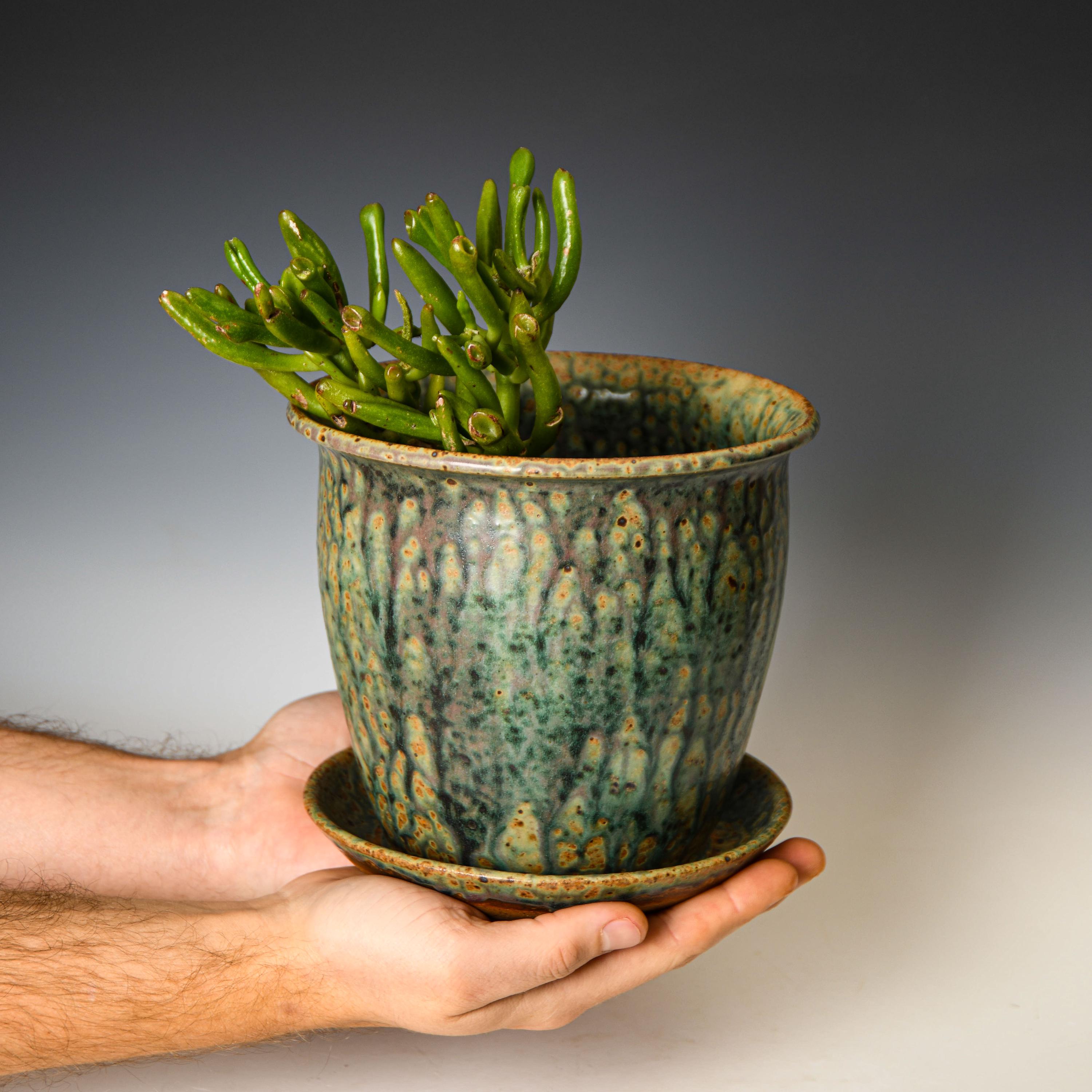 ポット Pottery Planter with Drainage Holes in Green Glaze, Wheel Thrown