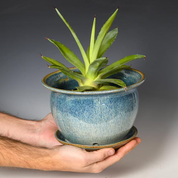 Ceramic Planter with Drainage Holes | Stoneware Plant Pot | Blue & White Glaze #20