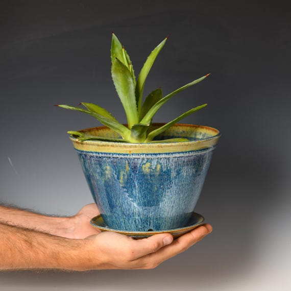 Ceramic Planter with Drainage Holes | Stoneware Plant Pot | Blue Glaze #50