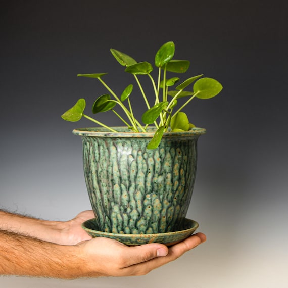 Ceramic Planter with Drainage Holes in Green Glaze, Stoneware Plant Pot #611