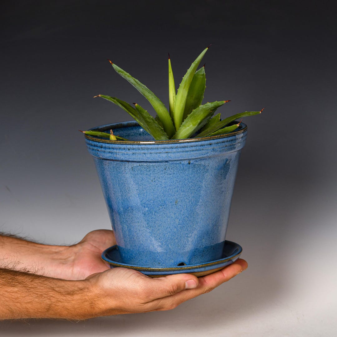 Wheel Thrown Planter With Drainage Holes in Blue Glaze, Stoneware Plant ...