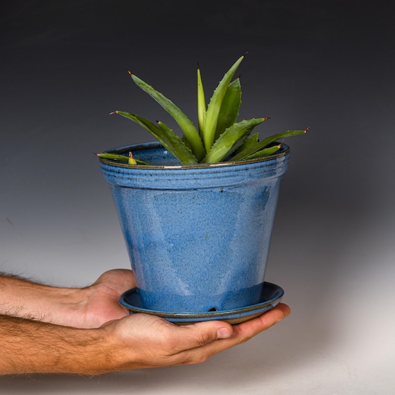Wheel Thrown Planter with Drainage Holes in Blue Glaze, Stoneware Plant Pot #770