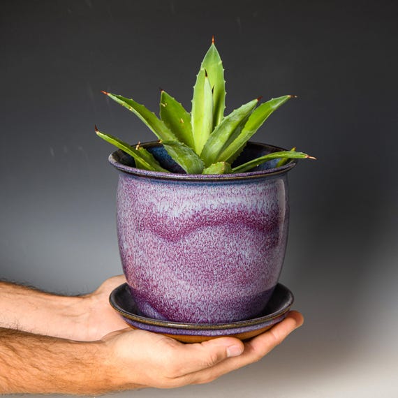 Wheel Thrown Planter with Drainage Holes in Purple Glaze, Stoneware Plant Pot #732