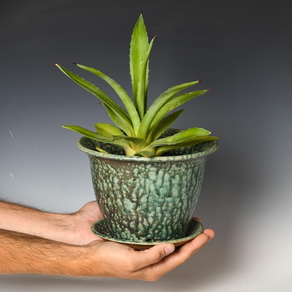 Ceramic Planter with Drainage Holes | Stoneware Plant Pot | Green Glaze #60