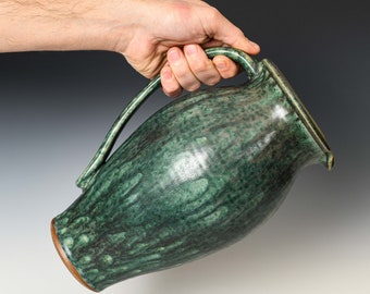 Ceramic Pitcher in Green & Black Glaze, Handmade Pottery Flower Bud Vase, Serving Drinkware #140