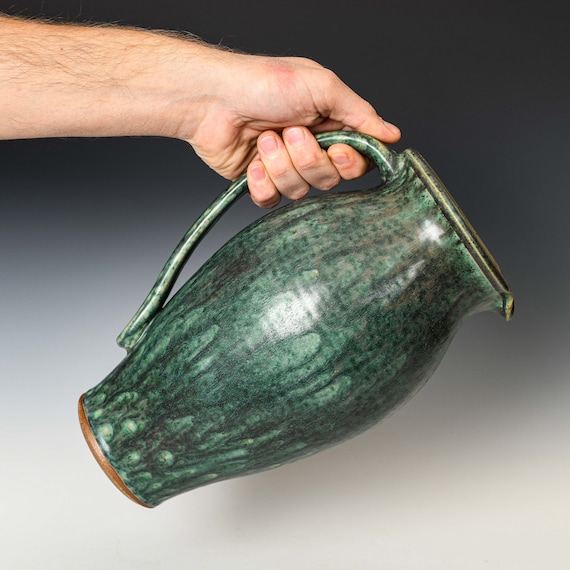 Ceramic Pitcher in Green & Black Glaze, Handmade Pottery Flower Bud Vase, Serving Drinkware #1