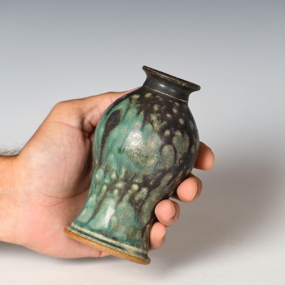 Small Wheel Thrown Flower Bud Vase | Green & Black Glaze #39
