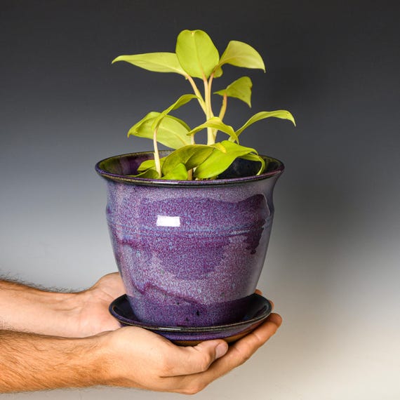 Ceramic Planter with Drainage Holes in Purple Glaze, Stoneware Plant Pot #672