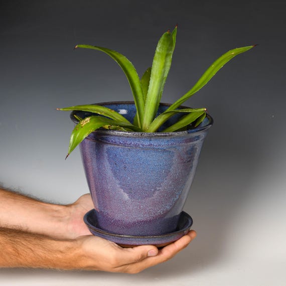 Wheel Thrown Planter with Drainage Holes | Stoneware Plant Pot | Purple Glaze #87