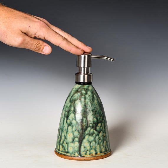 Ceramic Soap Pump Dispenser | Green Glaze | Reusable Lotion Bottle