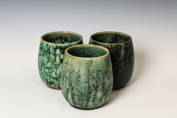 Stemless Wine Glass in Green Glaze, Ceramic Whiskey Goblet, Handmade Stoneware Pottery Tableware