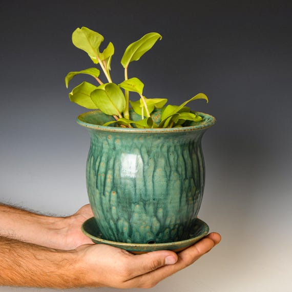 Wheel Thrown Planter with Drainage Holes in Green Glaze, Stoneware Plant Pot #675