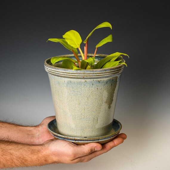 Pottery Planter with Drainage Holes in Blue & White Glaze, Wheel Thrown Flower Pot, Stoneware Plant Pot #546