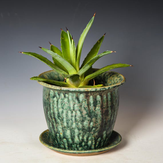 Wheel Thrown Planter with Drainage Holes in Green Glaze, Stoneware Plant Pot #715