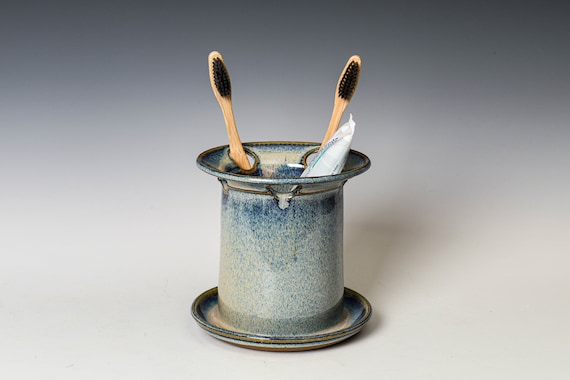 Toothbrush Holder in Blue Glaze, Ceramic Toothpaste Cup, Handmade Stoneware Bathroom Decor