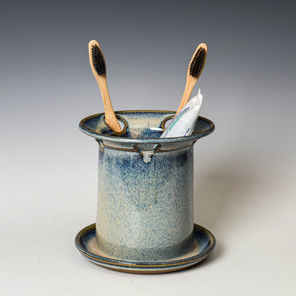 Toothbrush Holder in Blue Glaze, Ceramic Toothpaste Cup, Handmade Aesthetic Bathroom Decor