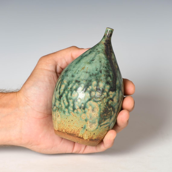 Small Wheel Thrown Flower Bud Vase | Green Glaze #42