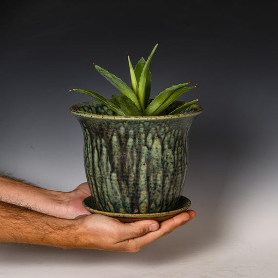 Ceramic Planter with Drainage Holes in Green & Black Glaze, Stoneware Plant Pot #755