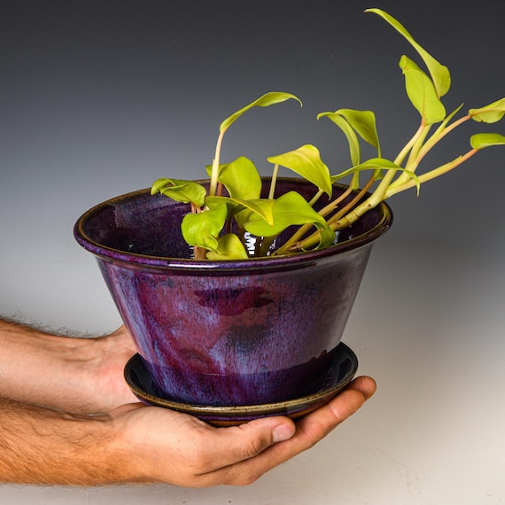 Ceramic Planter with Drainage Holes in Purple Glaze, Stoneware Plant Pot #659