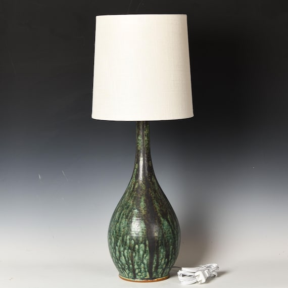 Ceramic Table Lamp | Stoneware Desk Light | Green Glaze #46