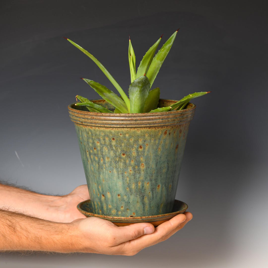 Wheel Thrown Planter With Drainage Holes | Stoneware Plant Pot | Green ...