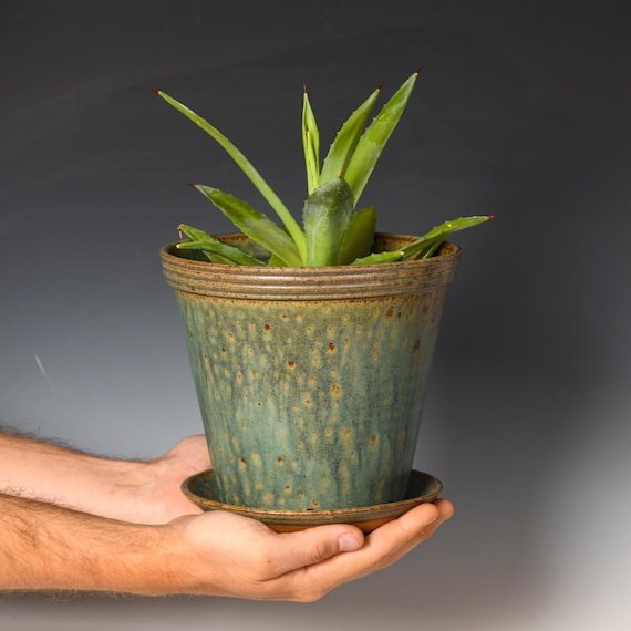 Wheel Thrown Planter with Drainage Holes | Stoneware Plant Pot | Green Glaze #46
