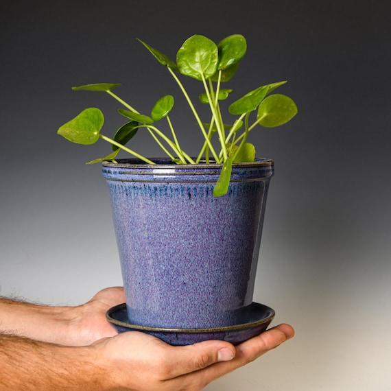 Ceramic Planter with Drainage Holes in Purple Glaze, Stoneware Plant Pot #606