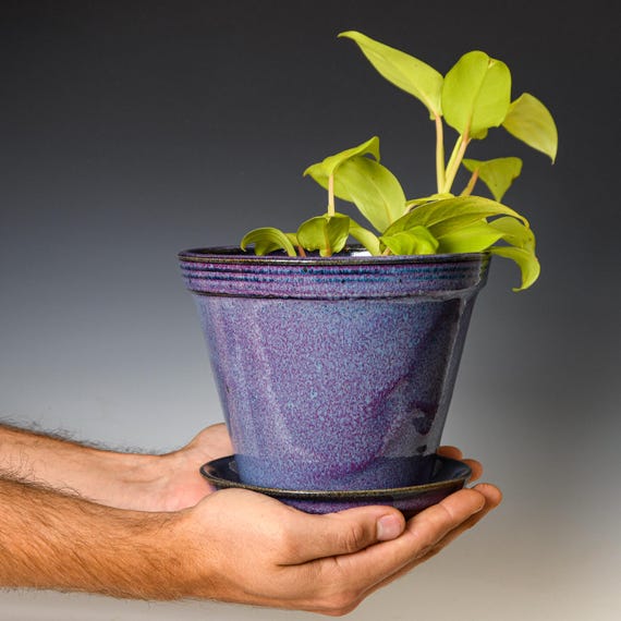 Wheel Thrown Planter with Drainage Holes in Purple Glaze, Stoneware Plant Pot #662