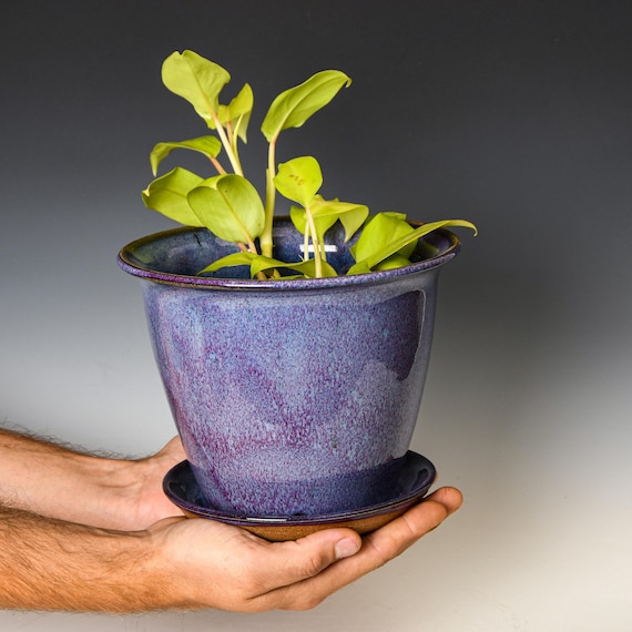 Ceramic Planter with Drainage Holes in Purple Glaze, Stoneware Plant Pot #667