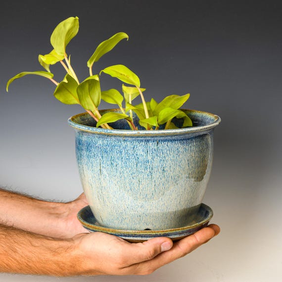 Ceramic Planter with Drainage Holes in Blue Glaze, Stoneware Plant Pot #654