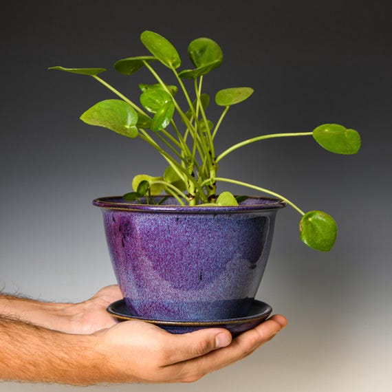 Ceramic Planter with Drainage Holes in Purple Glaze, Stoneware Plant Pot #609