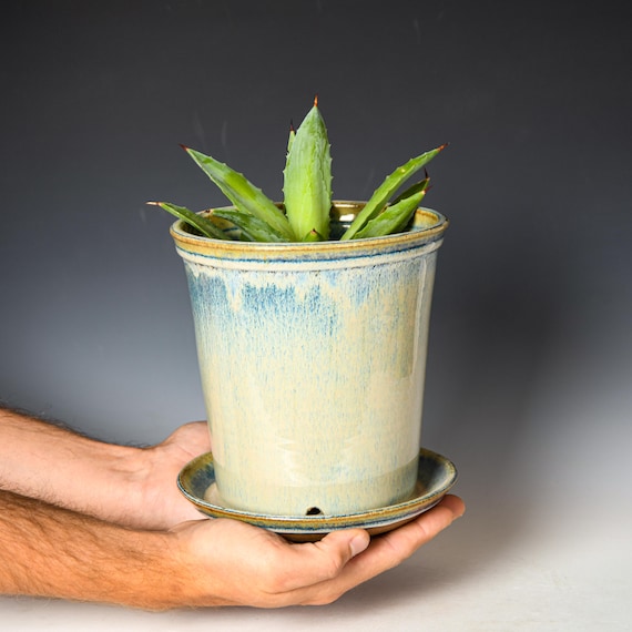 Ceramic Planter with Drainage Holes in Blue & White Glaze, Stoneware Plant Pot #711