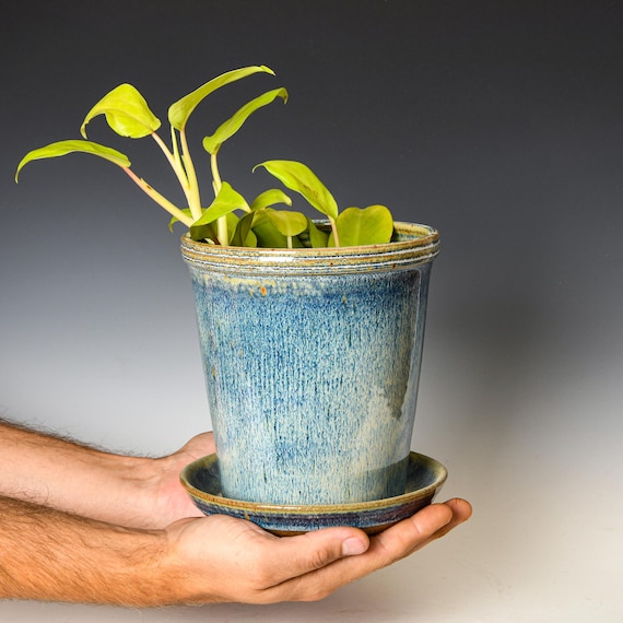 Wheel Thrown Planter with Drainage Holes in Blue & White Glaze, Stoneware Plant Pot #651