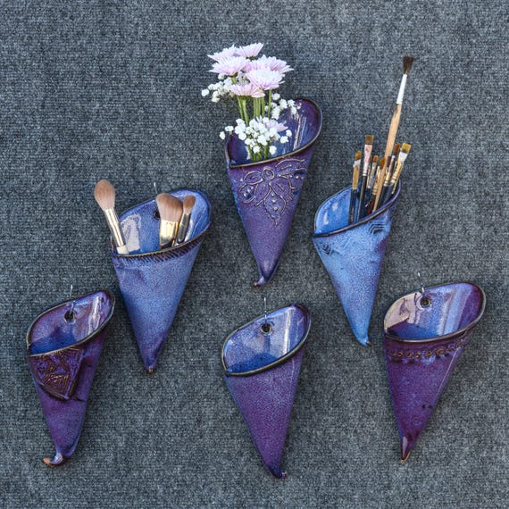 Ceramic Wall Pocket | Purple Glaze | Stoneware Hanging Planter
