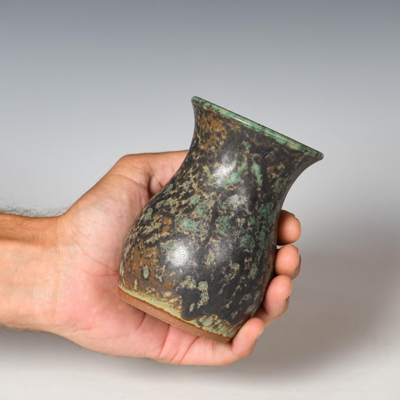 Small Wheel Thrown Flower Bud Vase | Green & Black Glaze #34