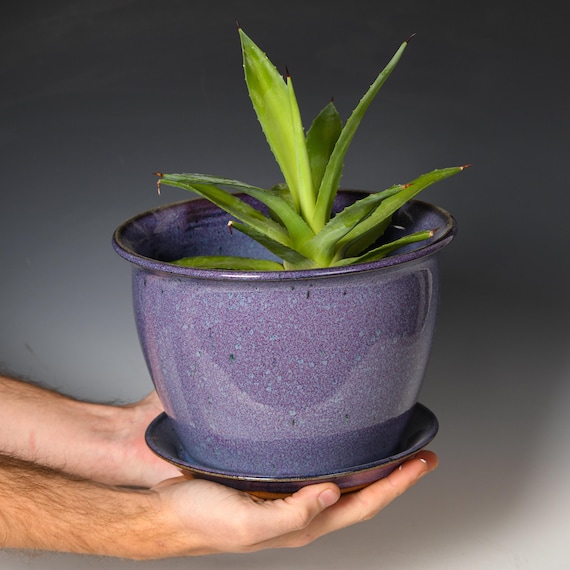 Wheel Thrown Planter with Drainage Holes | Stoneware Plant Pot | Purple Glaze #11