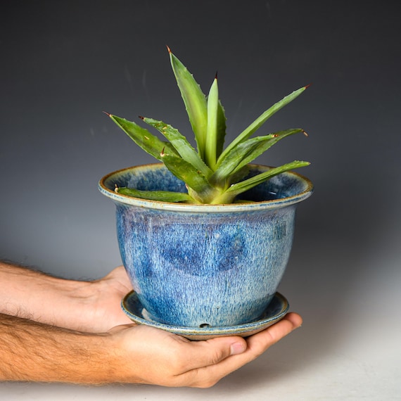 Wheel Thrown Planter with Drainage Holes in Blue Glaze, Stoneware Plant Pot #714