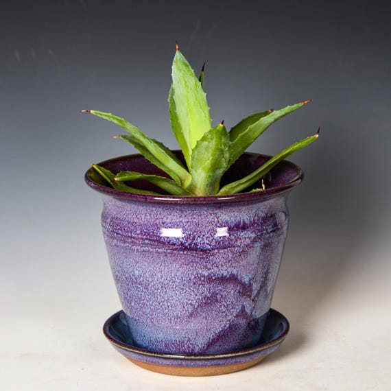 Ceramic Planter with Drainage Holes in Purple Glaze, Stoneware Plant Pot #716