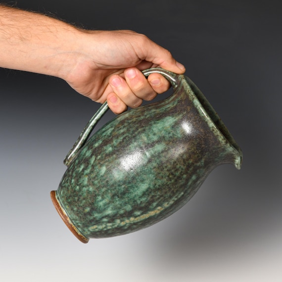 Stoneware Pitcher | Ceramic Flower Vase | Green & Black Glaze #34