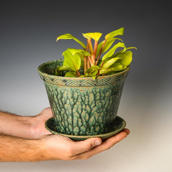 Ceramic Planter with Drainage Holes in Green Glaze, Stoneware Plant Pot #567